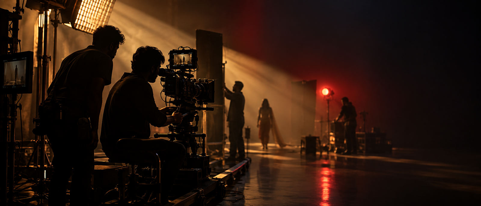 Film crew operating a cinema camera on a dramatic studio set